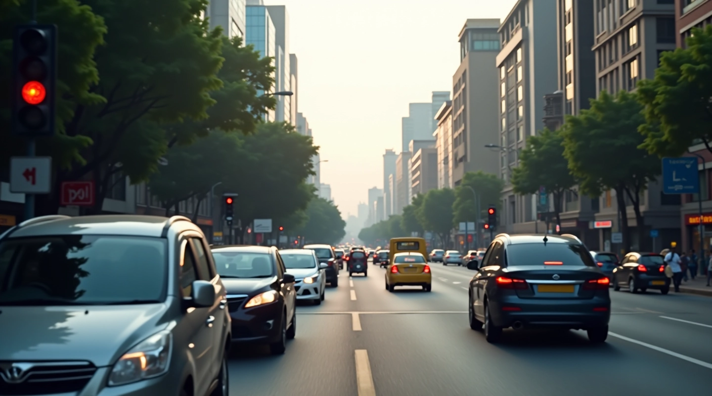 Traffic intersection with multiple vehicles and traffic signals in a busy urban environment