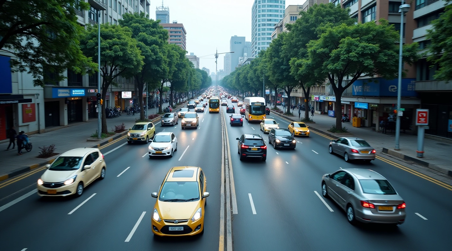 Urban traffic intersection with AI monitoring system analyzing vehicle flow and signal optimization