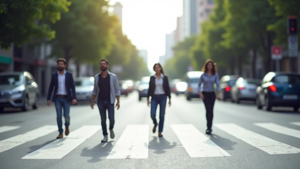 Urban road with pedestrians crossing and vehicle detection systems monitoring the intersection